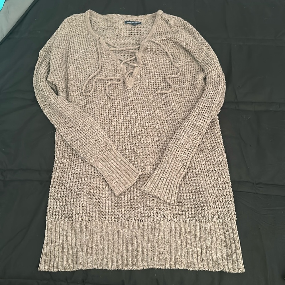 American Eagle Outfitters Beige Lace-Up Waffle Knit Sweater